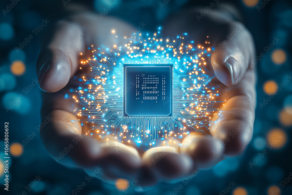 Poster a hand holds a glowing microchip, surrounded by sparkling particles, symbolizing tech and digital pr