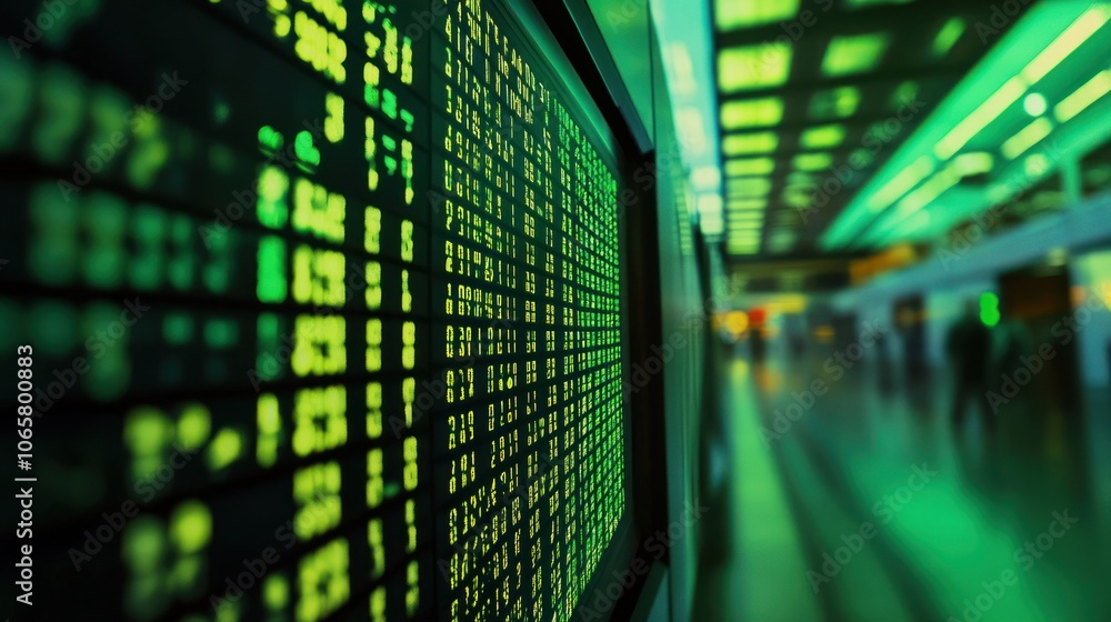 Poster a digital display board showing information in a transport hub, illuminated in green tones.