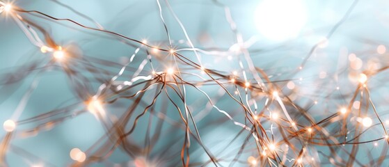 Dynamic glowing wires twist and intersect against a soft blue backdrop, evoking neural networks or futuristic data streams in motion.