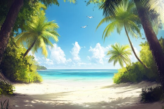 Tropical Paradise Holiday Destination. Stunning Beach Panorama with Palm Trees and Turquoise Water