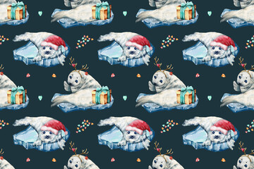 Watercolor seamless pattern seals animals. Christmas seals