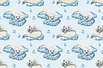 Watercolor seamless pattern seals animals. Christmas seals