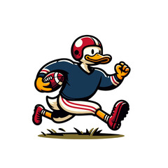 Naklejka premium Duck character mascot. American football player running with the ball in uniform. Isolated vector illustration