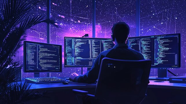 A person sits at multiple monitors, coding against a backdrop of a starry purple night sky, embodying a futuristic tech atmosphere.
