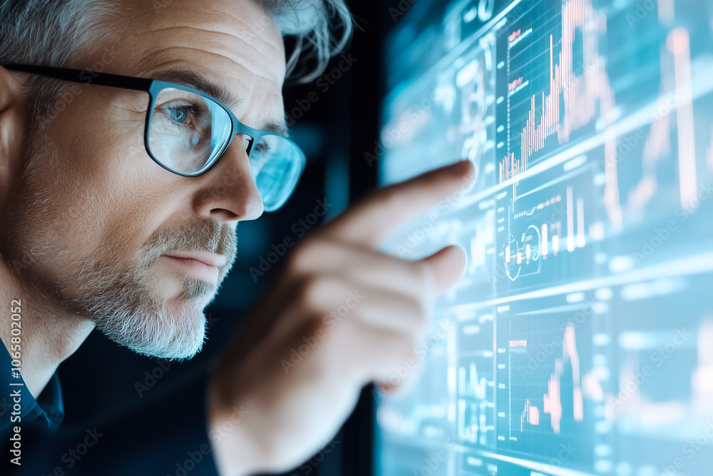 Poster a man closely examines analytics displayed on a futuristic screen while working late in a sleek offi