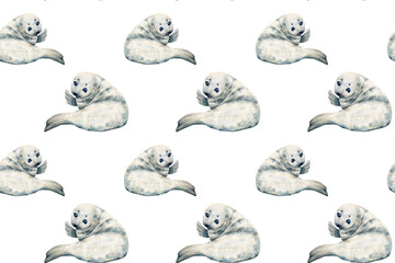 Watercolor seamless pattern seals animals. Christmas seals