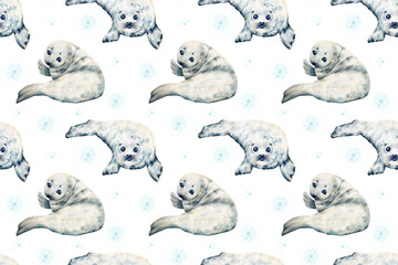 Watercolor seamless pattern seals animals. Christmas seals