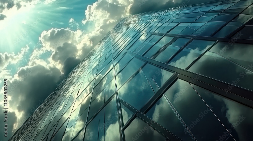 Poster perspective of high rise building and dark steel window system with clouds reflected on the glass.bu