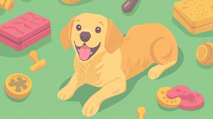 A cheerful yellow dog rests on a green surface surrounded by colorful toys and treats, capturing a playful and joyful atmosphere.