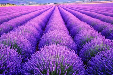 Naklejka premium Violet Sunset Landscape: Tranquil Countryside Field with Lavender Flowers in Twilight