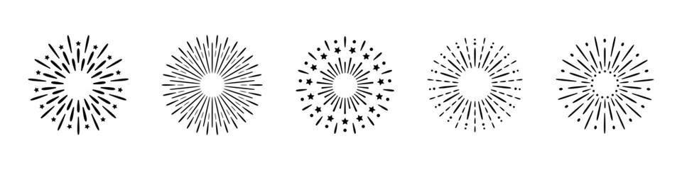 Obraz premium Vector fireworks and firecracker icon set featuring vibrant bursts and sparkles, ideal for New Year and holiday celebrations. Black and white fireworks clipart collection.