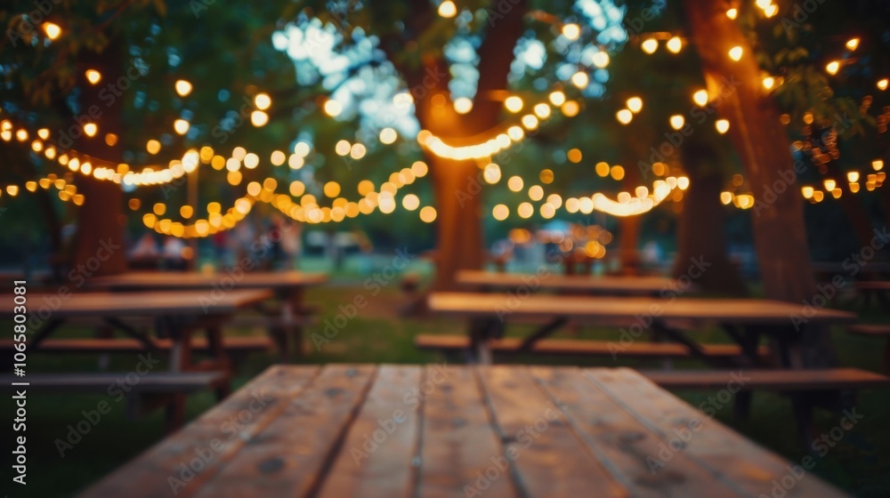 Poster dreamy defocused image of a rustic barbecue event complete with picnic tables and string lights hang