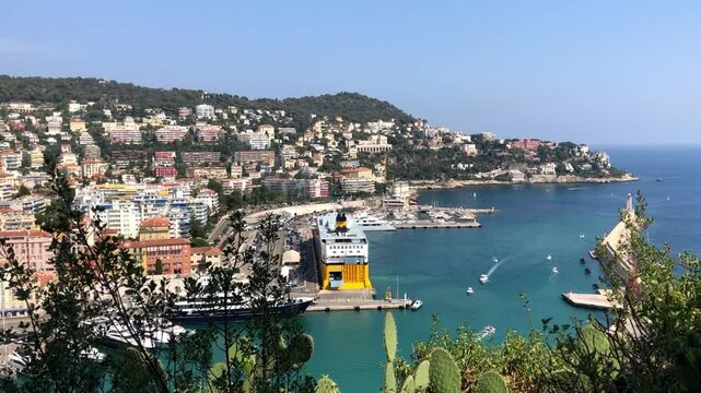 Panoramic view of the port of Nice with blue sky, Mediterranean resort, Port Limpia, Cote d'Azur, France, French Riviera
