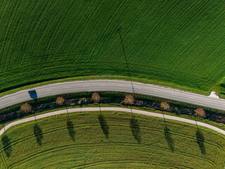 Bavarian top view along autumn landscape with asphalt roads