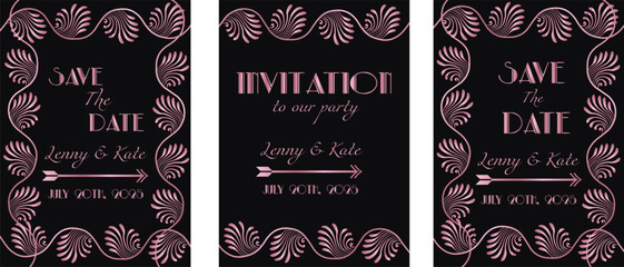 Vintage luxury invitation card with rose gold Art Deco frame vector design. Gatsby Style design