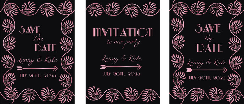 Vintage luxury invitation card with rose gold Art Deco frame vector design. Gatsby Style design