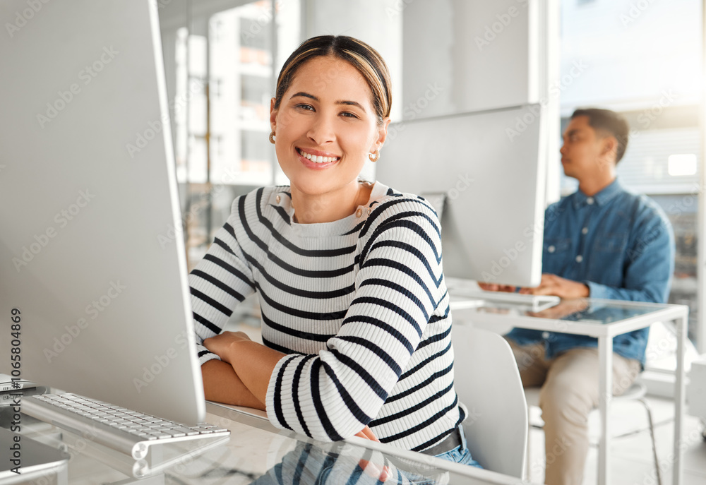 Poster Office, portrait and woman with computer at desk for information technology, system and server update. Programming, business and developer with smile for backend development, debugging and testing
