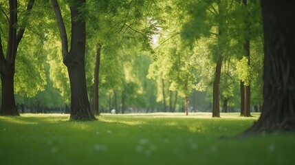 Obraz premium Lush Green Forest with Sunlight Through Trees