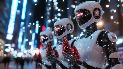 Three futuristic robots celebrating Christmas in a city at night.