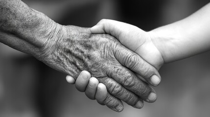 A touching black-and-white image depicting an elderly hand and a younger hand clasped in a handshake, symbolizing connection and unity across generations.