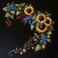 Sunflowers, Grapes and Cherries on Black Background