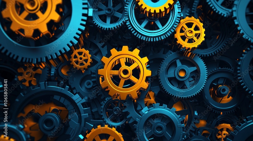Poster abstract mechanical gears interconnect complex clockwork design. vibrant colors mechanisms stand dar
