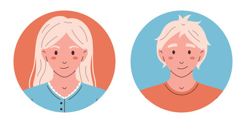 Vector person avatars in circles. Teenager characters head portraits in flat design. Cute smiling girl and boy. Round icons with people.