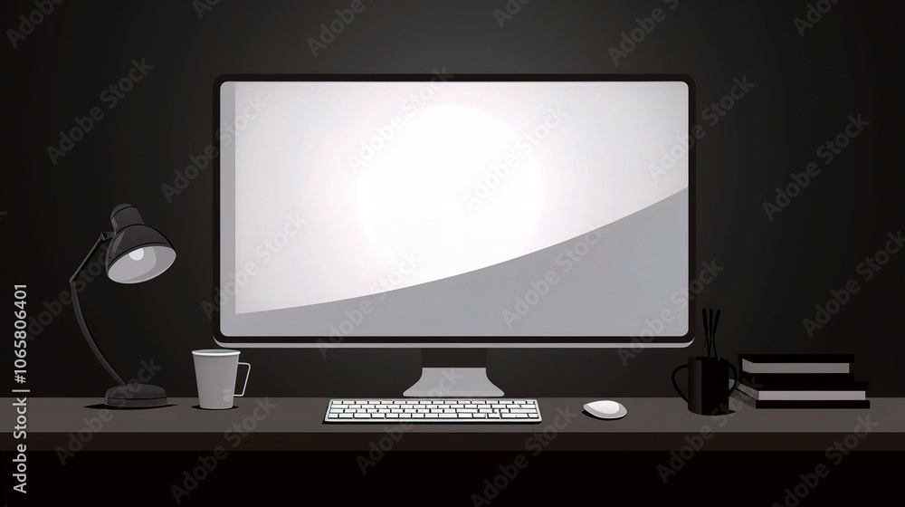 Poster modern workspace with computer and accessories
