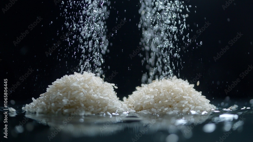 Poster two distinct mounds rice hover surface water illuminated dark backdrop emphasizing their unique shap