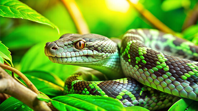Vibrant emerald tree python coiled in lush green foliage