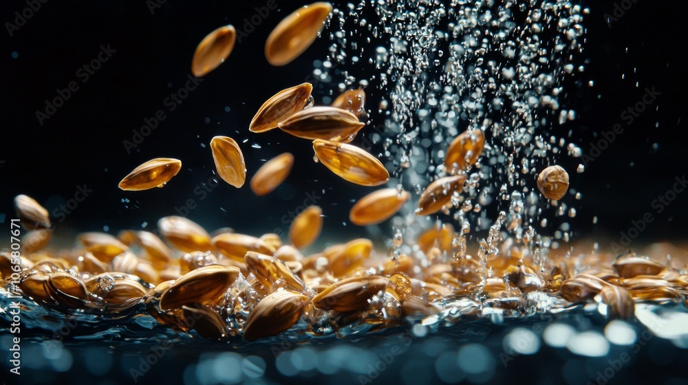 Poster rye groats suspend effortlessly water creating captivating visual effect dark backdrop emphasizing t