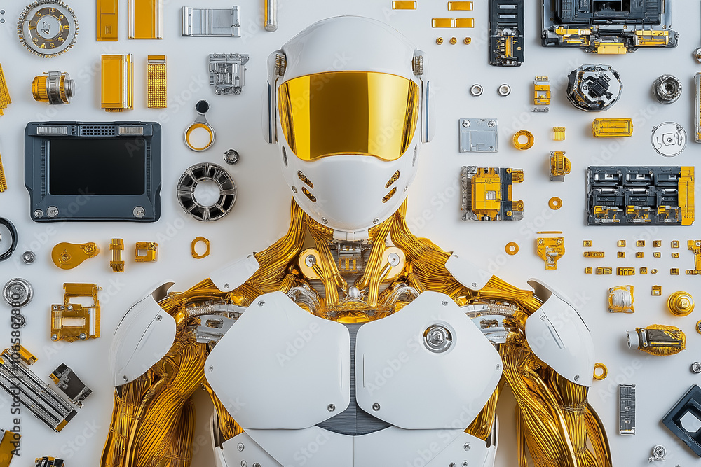 Poster the humanoid robot is surrounded by an array of intricate electronic components and gadgets