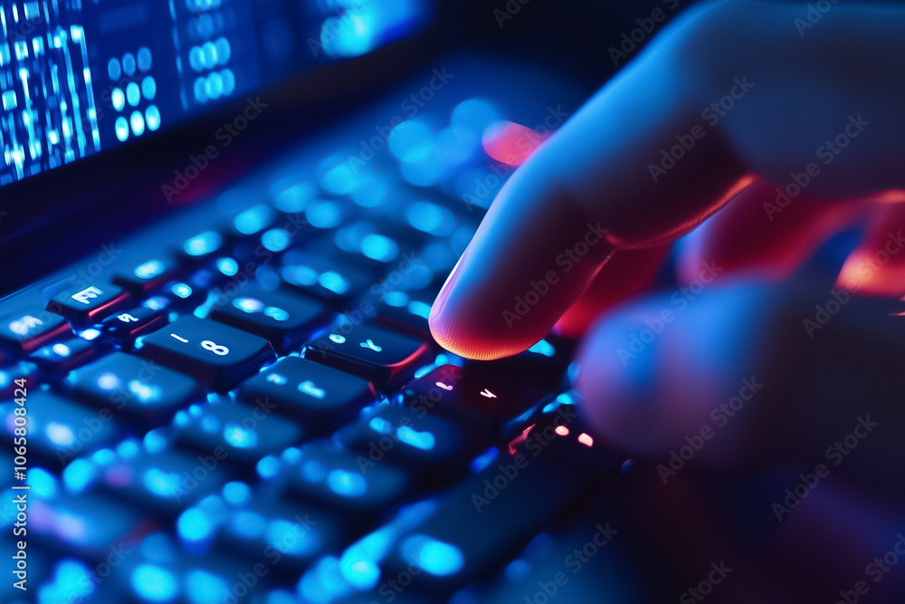 Poster a hand presses keys on a bright keyboard, illuminated in a dark setting, highlighting a tech-driven 