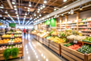 Fototapeta premium Supermarket. Shopping malls of the grocery store. The interior of the aisle with stalls of vegetables and fruits. Abstract blurred background.