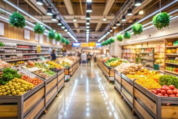 Fototapeta premium Supermarket. Shopping malls of the grocery store. The interior of the aisle with stalls of vegetables and fruits. Abstract blurred background.