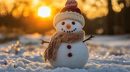 Obraz premium A cheerful snowman with a carrot nose, wearing a knitted hat and scarf, stands in the snow with a blurry background of a golden sunset and sparkling snow.