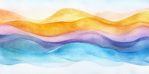Obraz premium 美しい色彩の水彩画が描く波と山の風景、柔らかなグラデーションが広がる