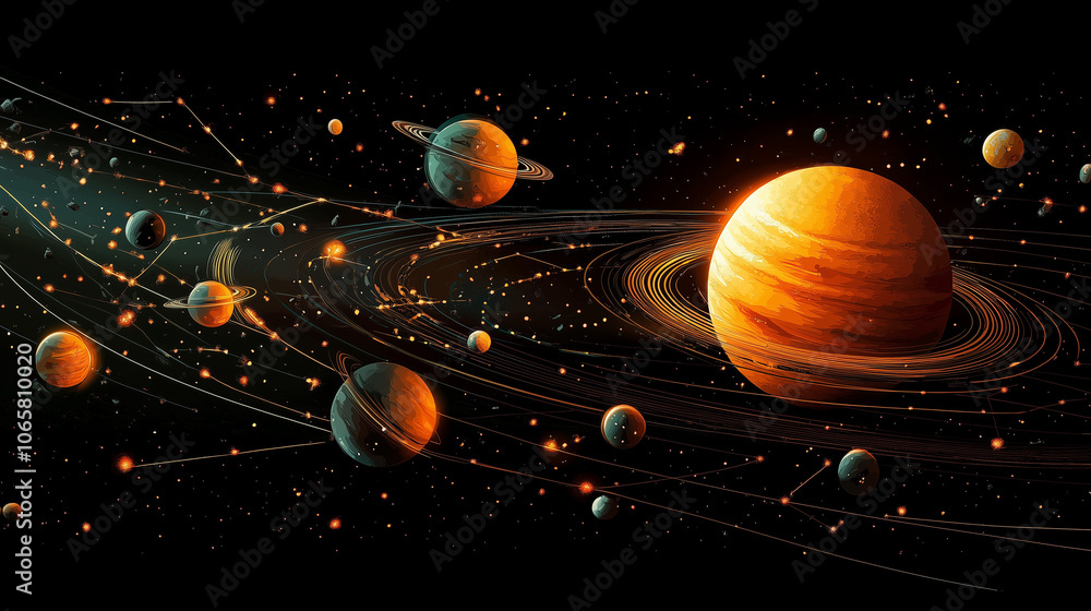 Poster a space scene with planets and asteroids in 2d and 3d style, bright star lighting, creating volumetr