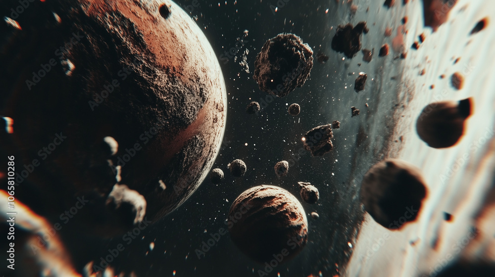 Poster a space scene with planets and asteroids in 2d and 3d style, bright star lighting, creating volumetr