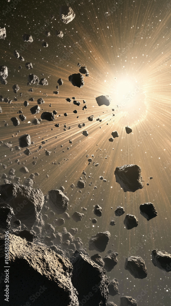 Poster a space scene with planets and asteroids in 2d and 3d style, bright star lighting, creating volumetr