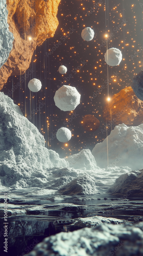 Poster a space scene with planets and asteroids in 2d and 3d style, bright star lighting, creating volumetr