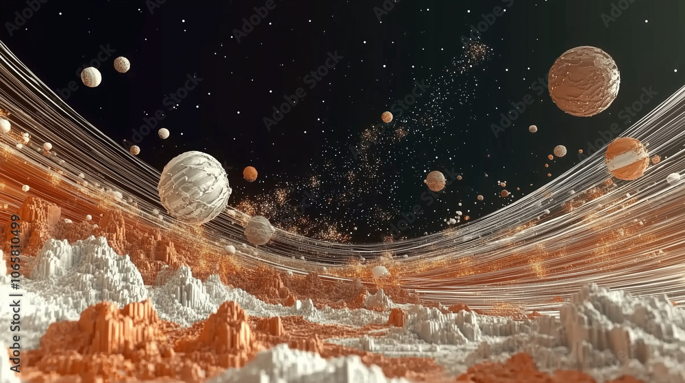 Poster a space scene with planets and asteroids in 2d and 3d style, bright star lighting, creating volumetr