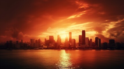 Obraz premium Sunset Over a Cityscape with Dramatic Clouds