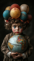 Naklejka premium A small child with a sad expression holds a globe. On his head is an unusual headdress made of colorful worn-out balloons, blue tears are painted on his cheeks. Vintage style, dark background. 