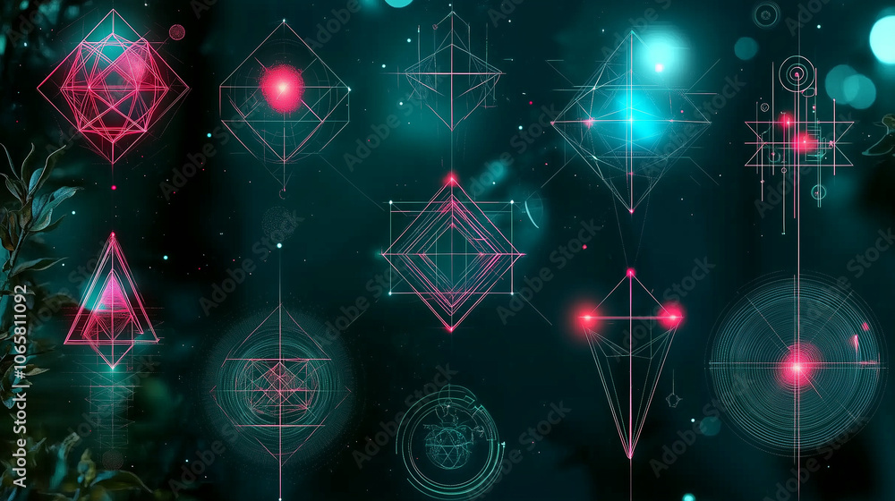 Fototapete abstract geometric shapes that appear to float in the air, levitation effect, use of neon and transp