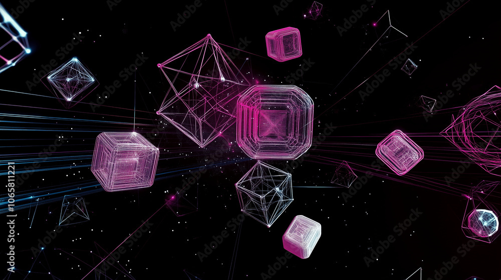 Poster abstract geometric shapes that appear to float in the air, levitation effect, use of neon and transp