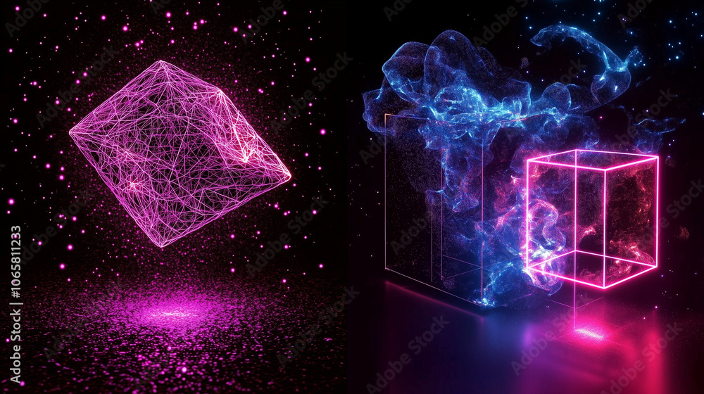 Poster abstract geometric shapes that appear to float in the air, levitation effect, use of neon and transp