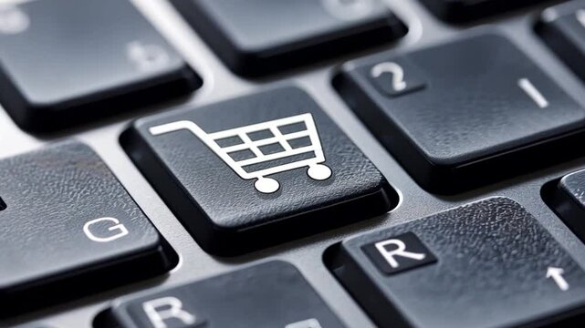 A close-up view of a computer keyboard featuring a shopping cart key, highlighting the ease of online shopping and digital transactions in modern commerce.