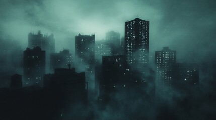 Fototapeta premium A dense fog engulfs a city skyline at night, with only the faint glow of windows illuminating the scene.
