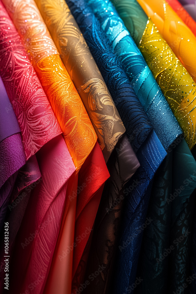 Poster a striking array of colorful, textured fabrics arranged in layers, showcasing various shades and pat